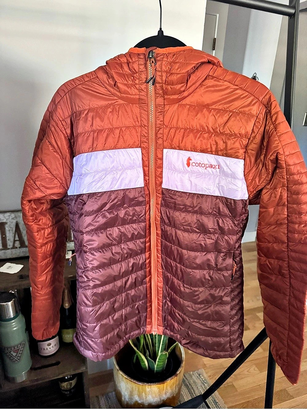Cotopaxi Fuego Hooded Down Jacket Color Block Orange & Purple Medium